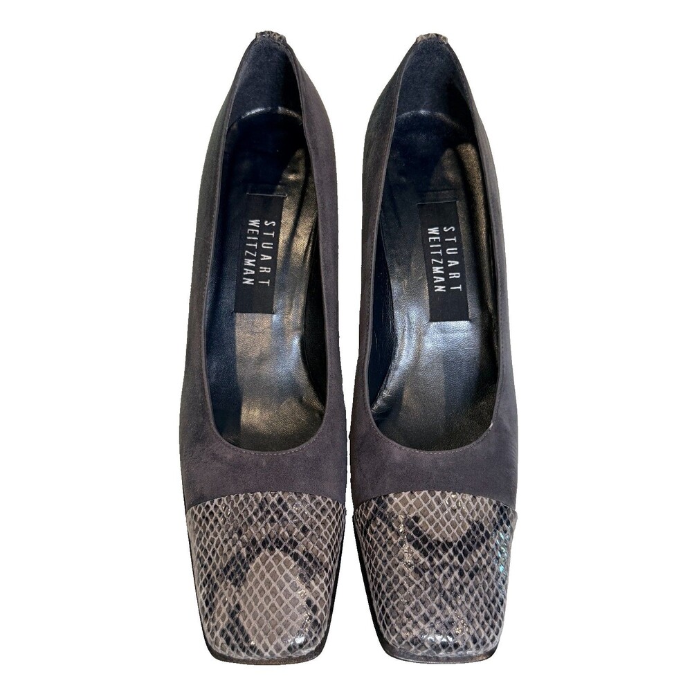 Stuart Weitzman Gray Suede Croc Embossed Square Toe/Heel Women's Shoes SZ 9.5AA